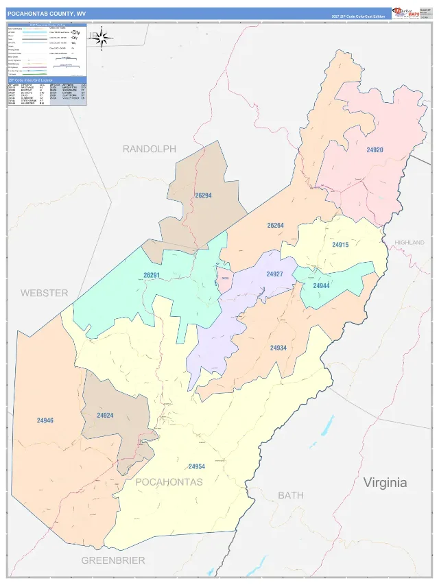 Pocahontas County, WV ZIP Code Wall Map, ColorCast style