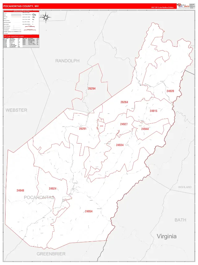 Pocahontas County, WV ZIP Code Wall Map, RedLine style