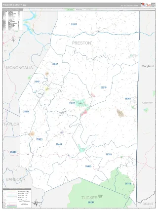 Preston County, WV Classic style ZIP Code wall map