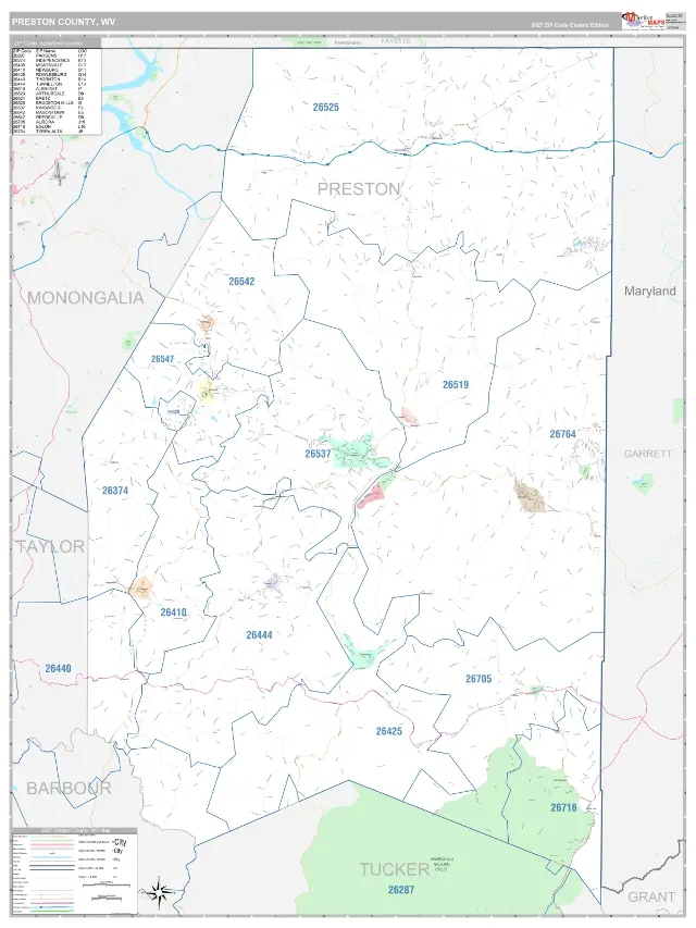 Preston County, WV ZIP Code Wall Map, Classic style