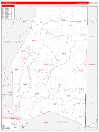 Preston County, WV RedLine style ZIP Code wall map