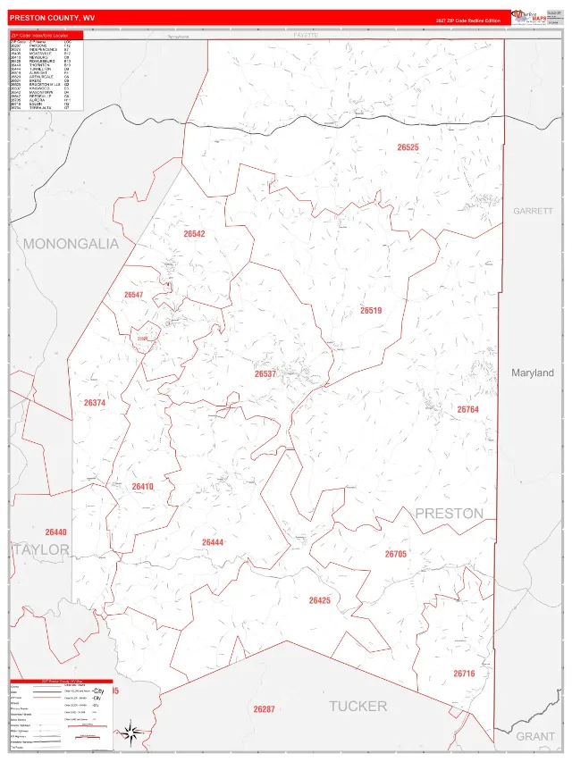 Preston County, WV ZIP Code Wall Map, RedLine style