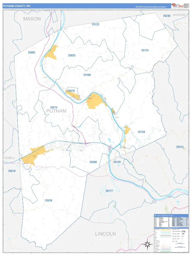 Putnam County, WV ZIP Code Wall Map, Business Reference style