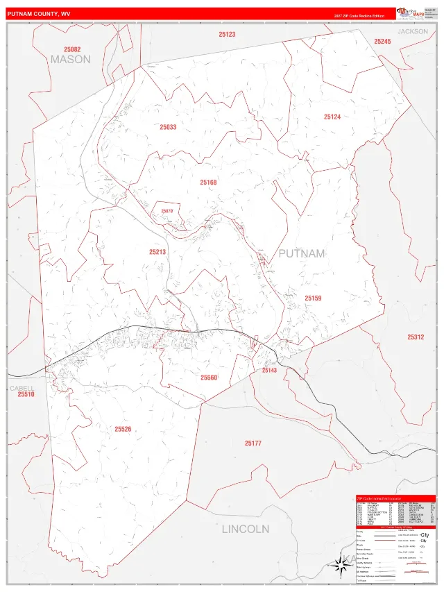 Putnam County, WV ZIP Code Wall Map, RedLine style