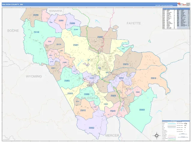 Raleigh County, WV ZIP Code Wall Map, ColorCast style