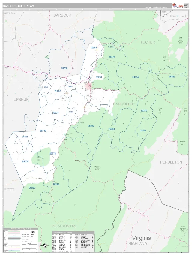 Randolph County, WV ZIP Code Wall Map, Classic style