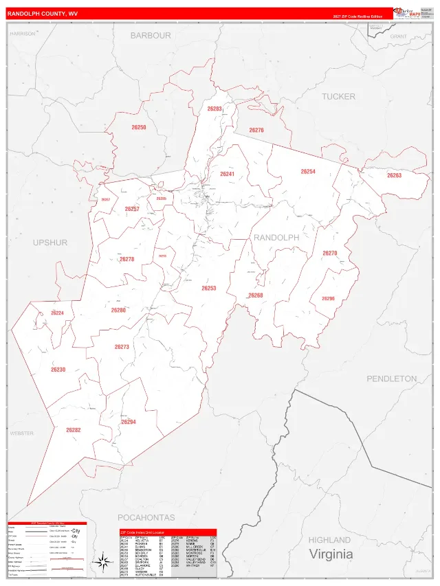 Randolph County, WV ZIP Code Wall Map, RedLine style