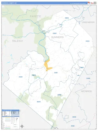 Summers County, WV Business Reference style ZIP Code wall map