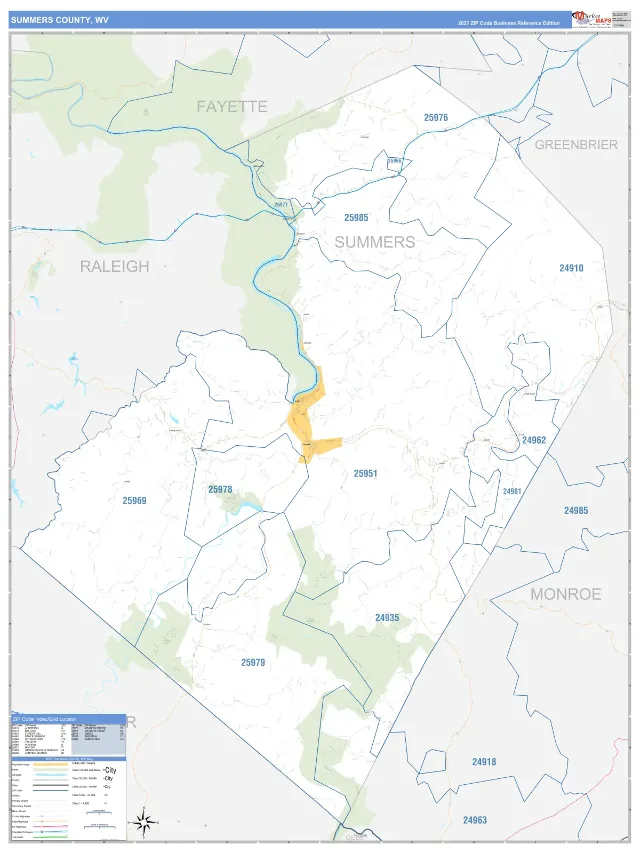 Summers County, WV ZIP Code Wall Map, Business Reference style