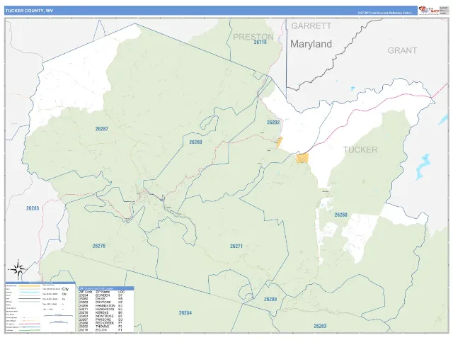 Tucker County, WV ZIP Code Wall Map, Business Reference style