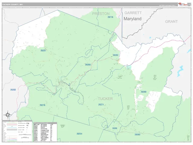 Tucker County, WV ZIP Code Wall Map, Classic style