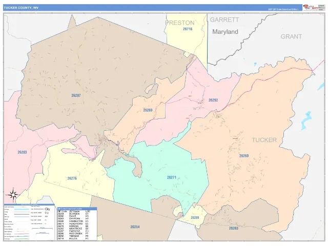 Tucker County, WV ZIP Code Wall Map, ColorCast style