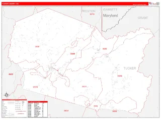 Tucker County, WV RedLine style ZIP Code wall map
