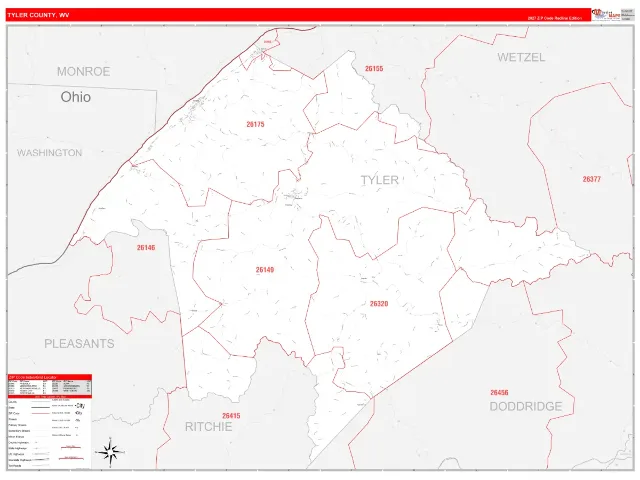 Tyler County, WV ZIP Code Wall Map, RedLine style