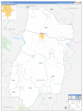 Upshur County, WV Business Reference style ZIP Code wall map