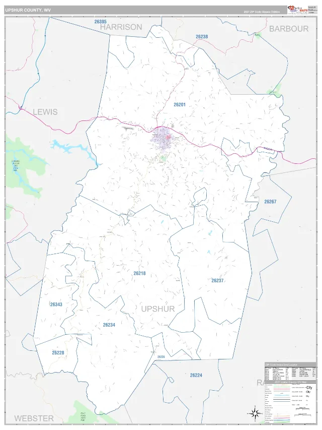 Upshur County, WV ZIP Code Wall Map, Classic style