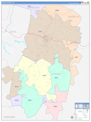 Upshur County, WV ColorCast style ZIP Code wall map