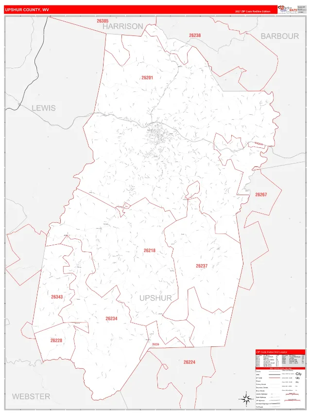 Upshur County, WV ZIP Code Wall Map, RedLine style