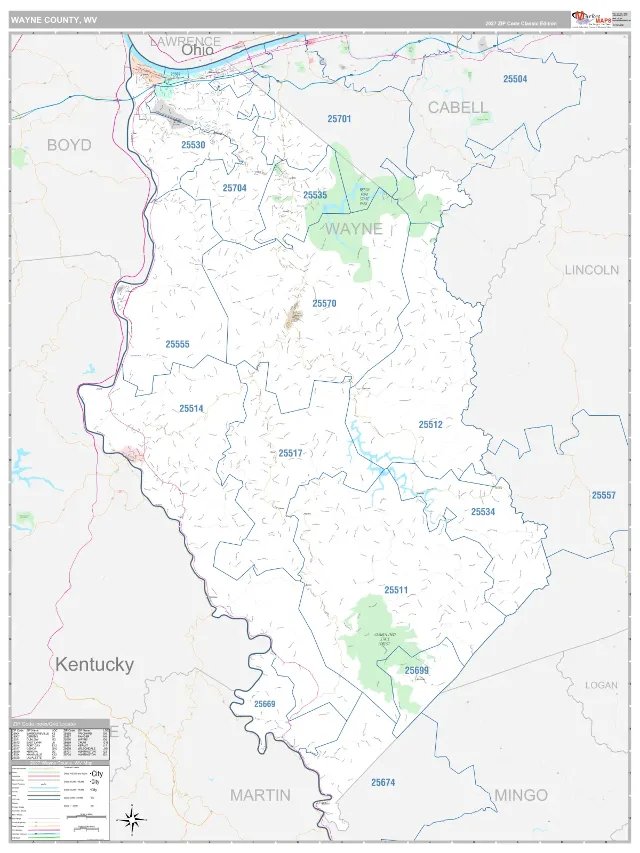 Wayne County, WV ZIP Code Wall Map, Classic style