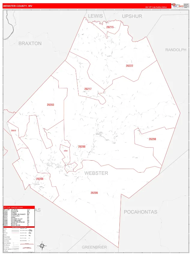 Webster County, WV ZIP Code Wall Map, RedLine style