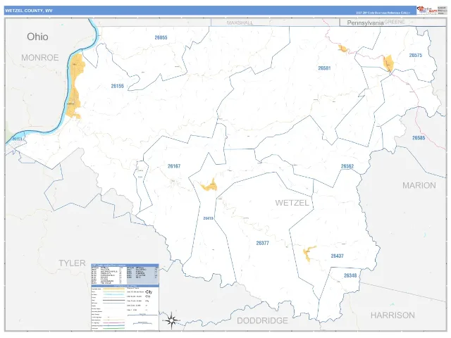 Wetzel County, WV ZIP Code Wall Map, Business Reference style