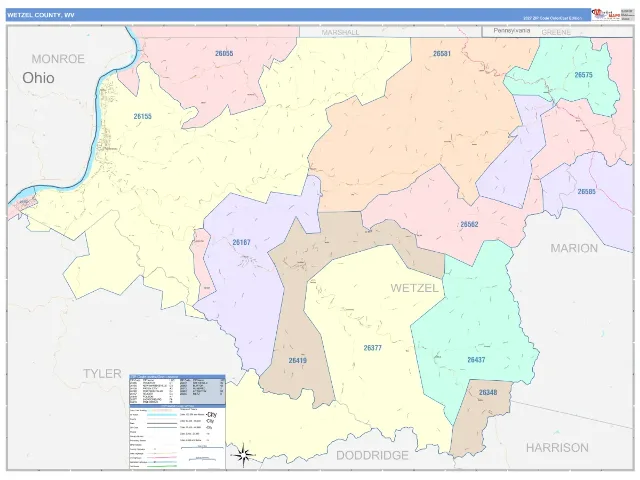 Wetzel County, WV ZIP Code Wall Map, ColorCast style