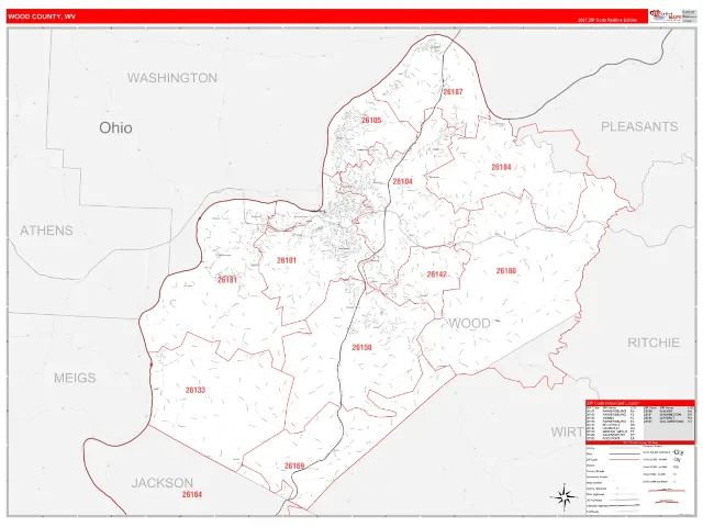 Wood County, WV ZIP Code Wall Map, RedLine style