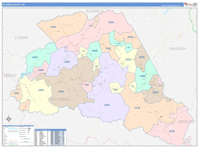 Wyoming County, WV ZIP Code Wall Map, ColorCast style