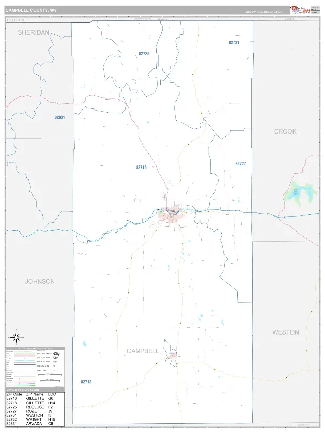 Campbell County, WY ZIP Code Wall Map, Classic style