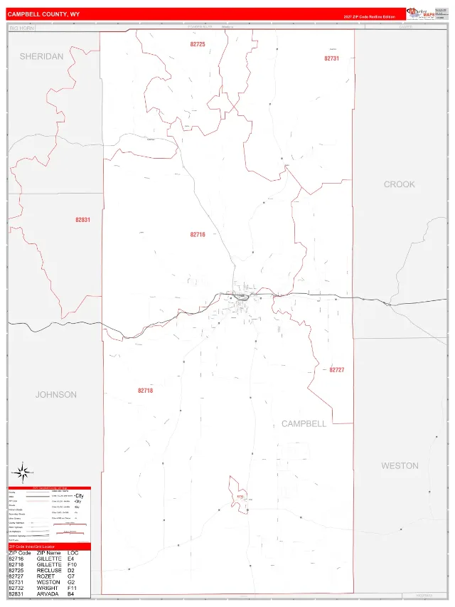Campbell County, WY ZIP Code Wall Map, RedLine style