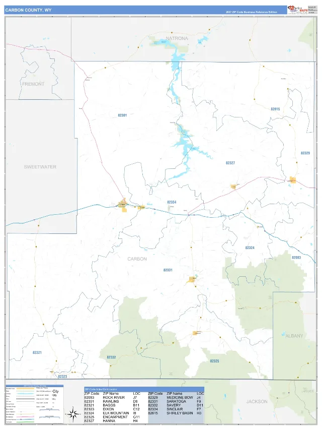 Carbon County, WY ZIP Code Wall Map, Business Reference style