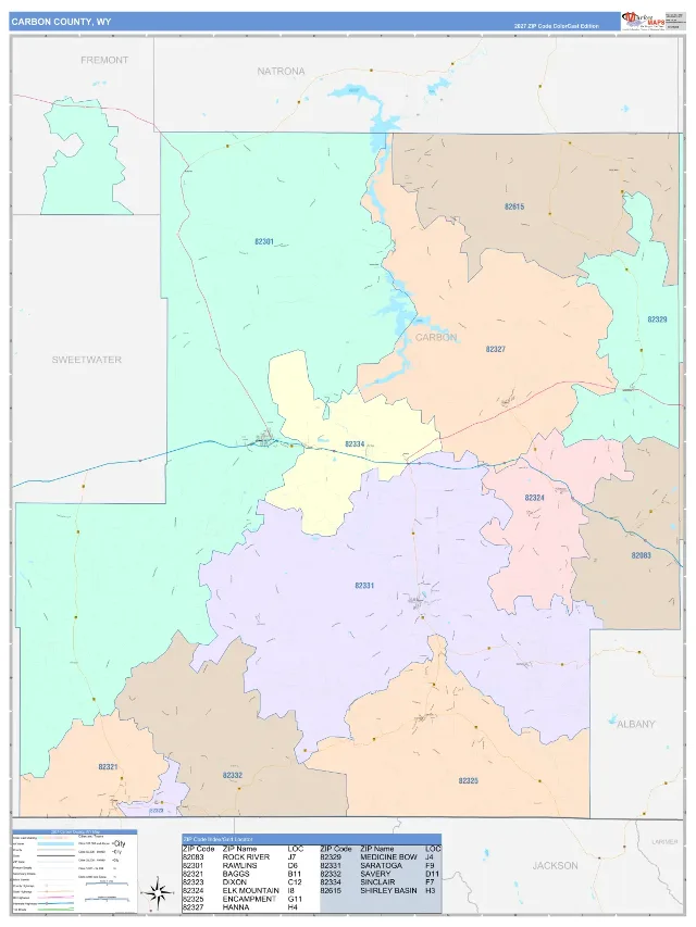 Carbon County, WY ZIP Code Wall Map, ColorCast style