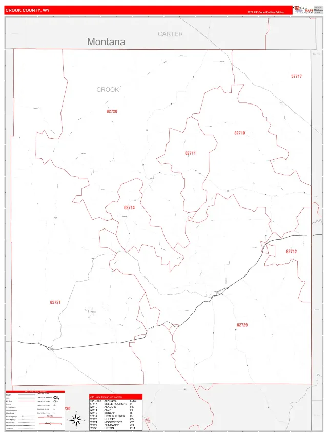 Crook County, WY ZIP Code Wall Map, RedLine style