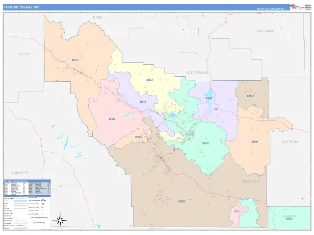 Fremont County, WY ZIP Code Wall Map, ColorCast style