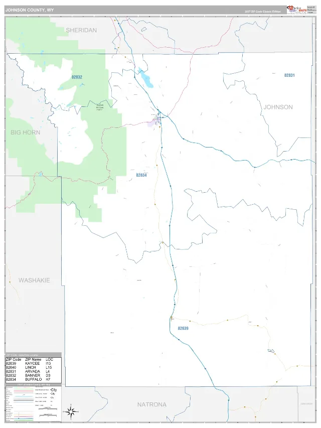 Johnson County, WY ZIP Code Wall Map, Classic style