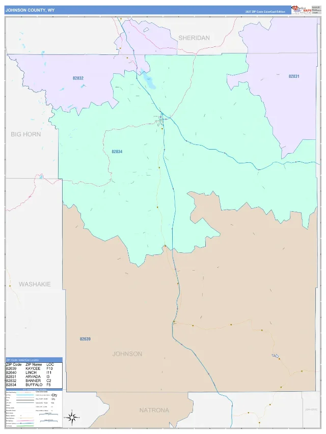 Johnson County, WY ZIP Code Wall Map, ColorCast style