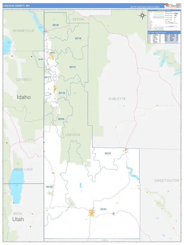 Lincoln County, WY ZIP Code Wall Map, Business Reference style