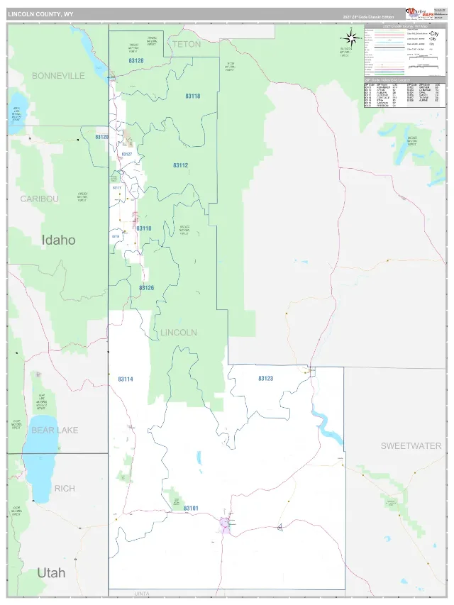 Lincoln County, WY ZIP Code Wall Map, Classic style