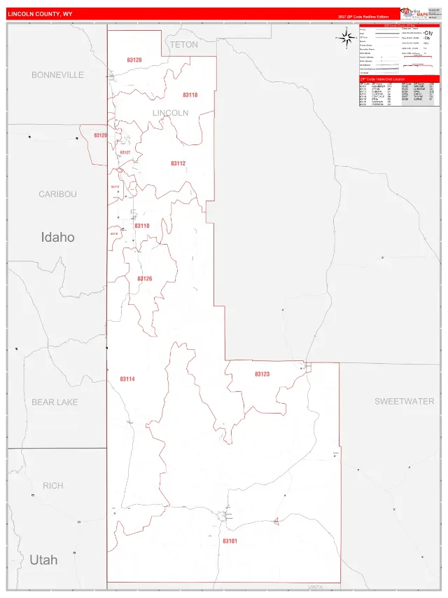 Lincoln County, WY ZIP Code Wall Map, RedLine style