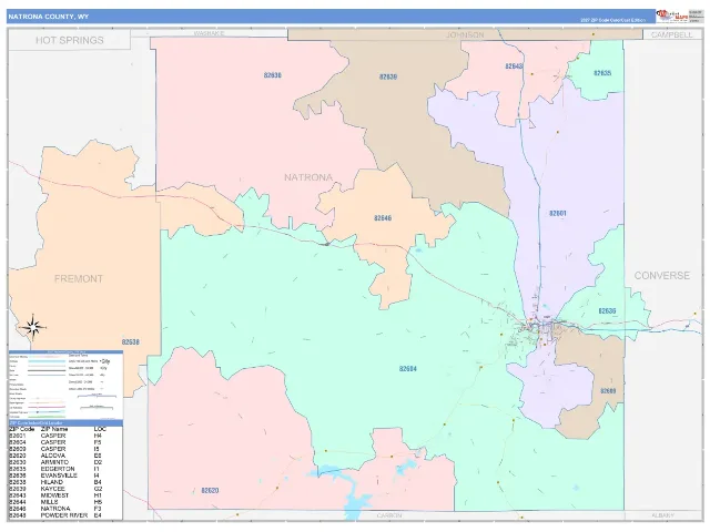 Natrona County, WY ZIP Code Wall Map, ColorCast style