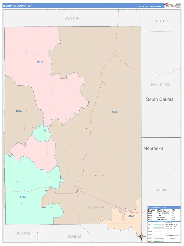 Niobrara County, WY ZIP Code Wall Map, ColorCast style