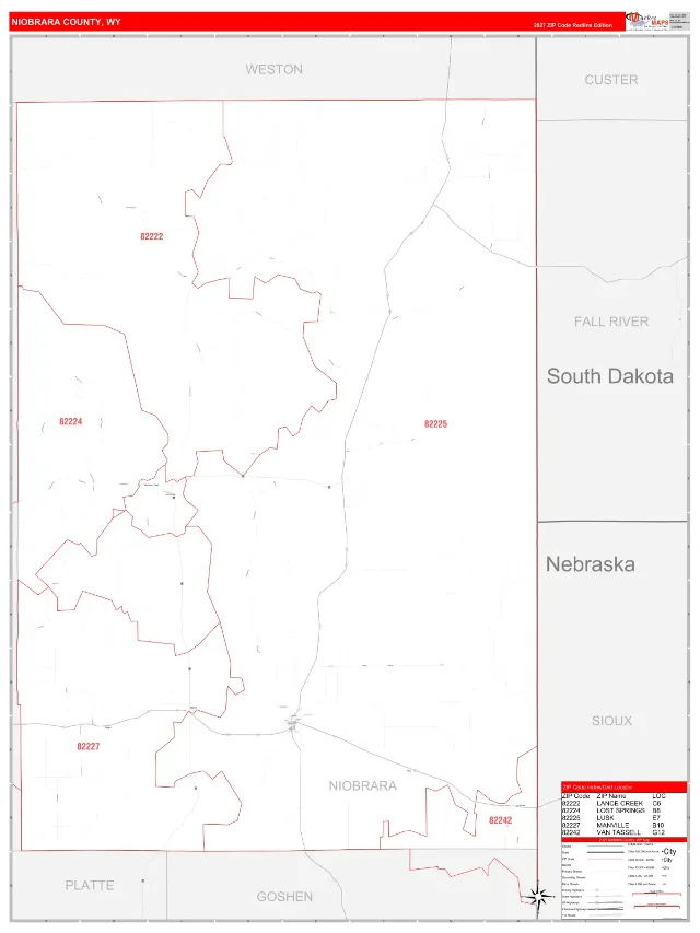 Niobrara County, WY ZIP Code Wall Map, RedLine style