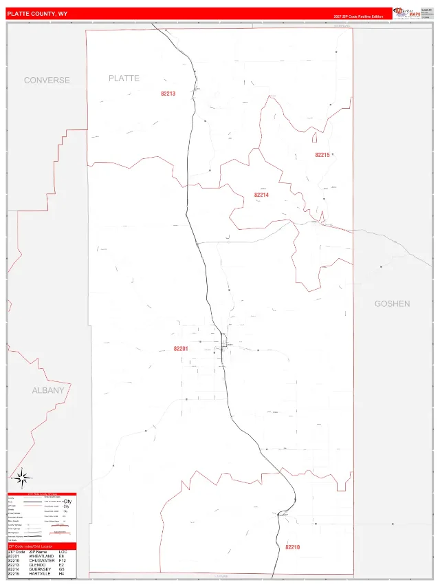 Platte County, WY ZIP Code Wall Map, RedLine style