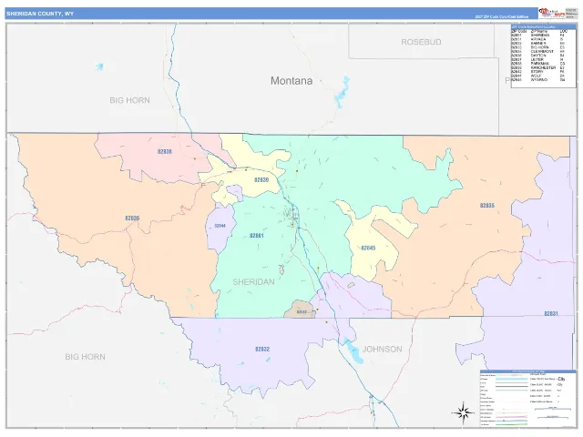 Sheridan County, WY ZIP Code Wall Map, ColorCast style