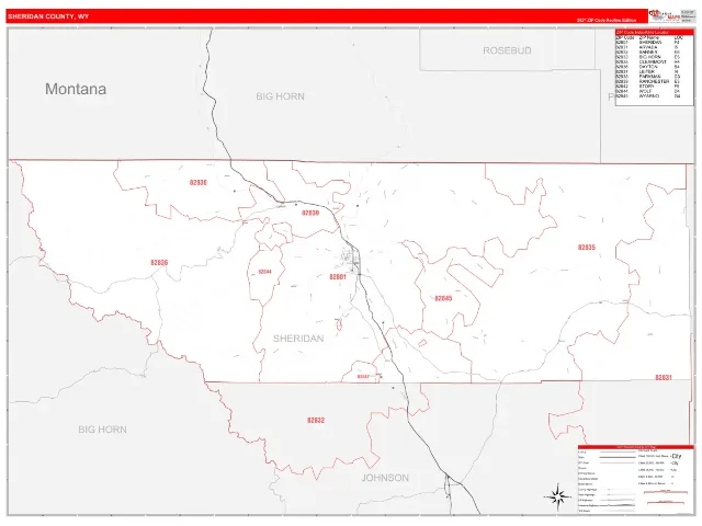 Sheridan County, WY ZIP Code Wall Map, RedLine style