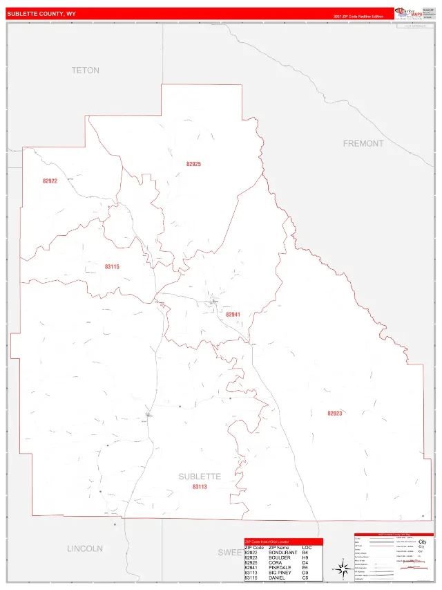 Sublette County, WY ZIP Code Wall Map, RedLine style