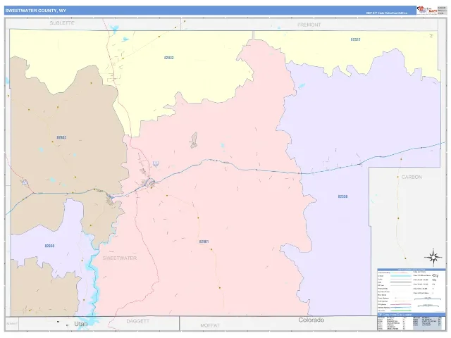 Sweetwater County, WY ZIP Code Wall Map, ColorCast style