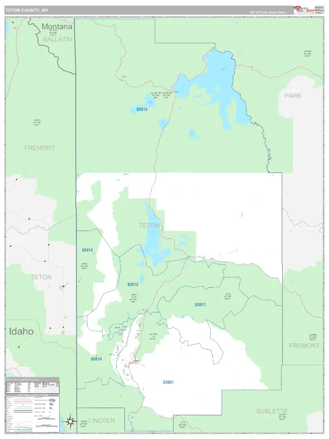 Teton County, WY ZIP Code Wall Map, Classic style