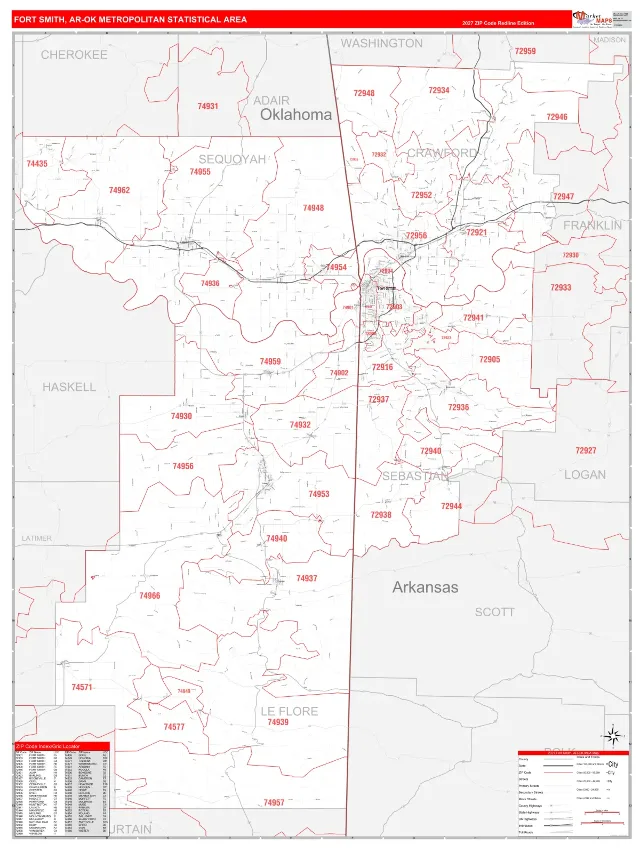 Fort Smith Metro Area ZIP Code Wall Map, RedLine style