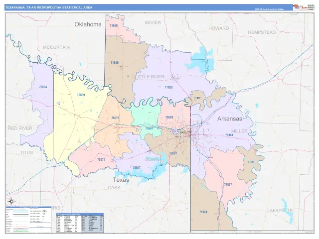 Texarkana Metro Area ZIP Code Wall Map, ColorCast style